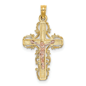 Crucifix Charm in 14K Two-Tone Gold with Lace Trim, 27mm - Sophia Jewelers