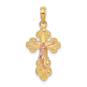 Crucifix Charm in 14K Two-Tone Gold with Scallop Trim, 26mm - Sophia Jewelers