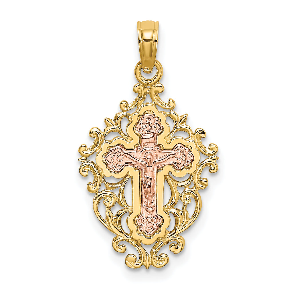 14k Two Tone w/ Lace Trim Crucifix Charm