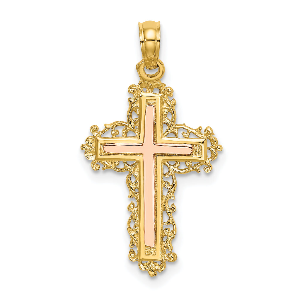 14K Two-Tone Cross w/ Lace Trim Charm
