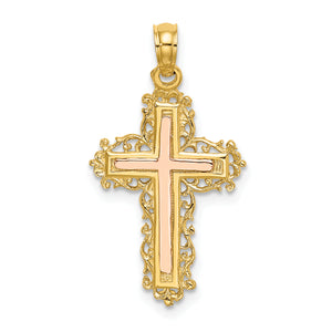 Filigree Cross Charm in 14K Two-Tone Gold with Lace Trim, 22mm - Sophia Jewelers