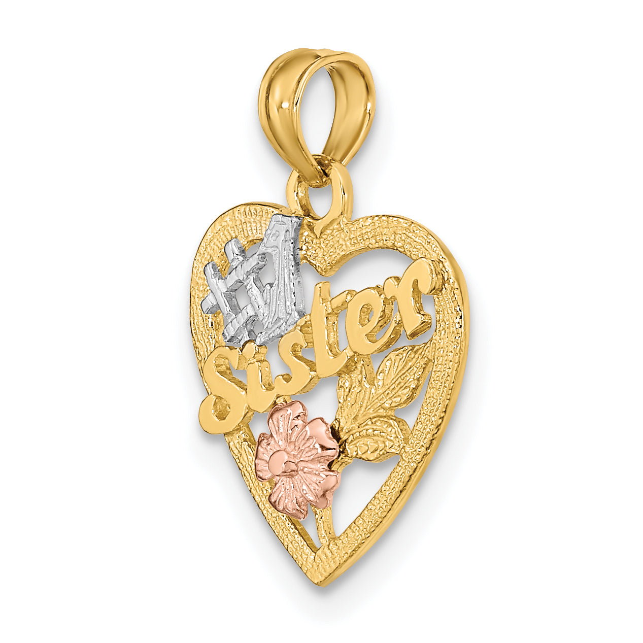 14k Two-tone White Rhodium #1 SISTER In Heart w/ Flowers Charm