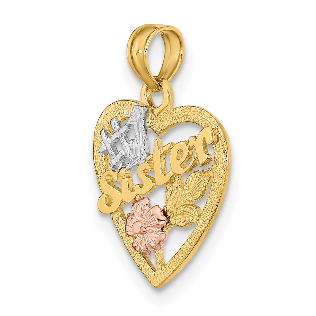 14k Two-tone White Rhodium #1 SISTER In Heart w/ Flowers Charm