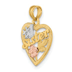14k Two-tone White Rhodium #1 SISTER In Heart w/ Flowers Charm