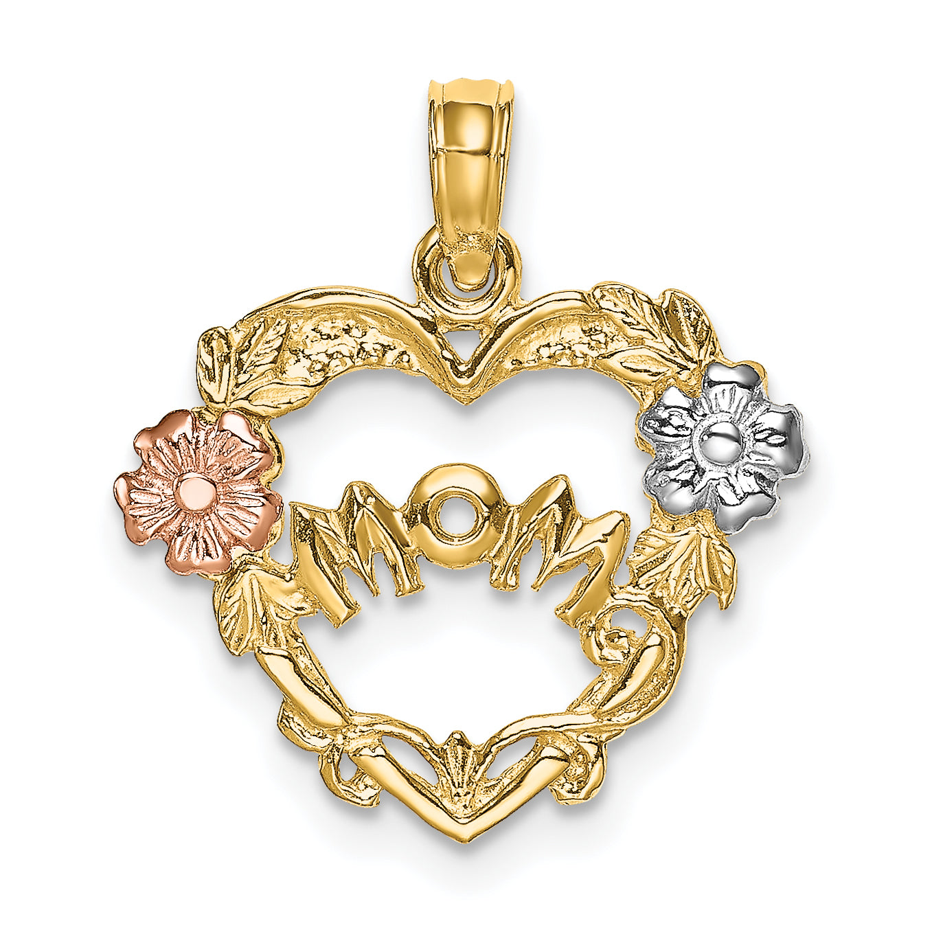 14k Two-tone w/White Rhodium MOM Heart w/Flower Charm Main image