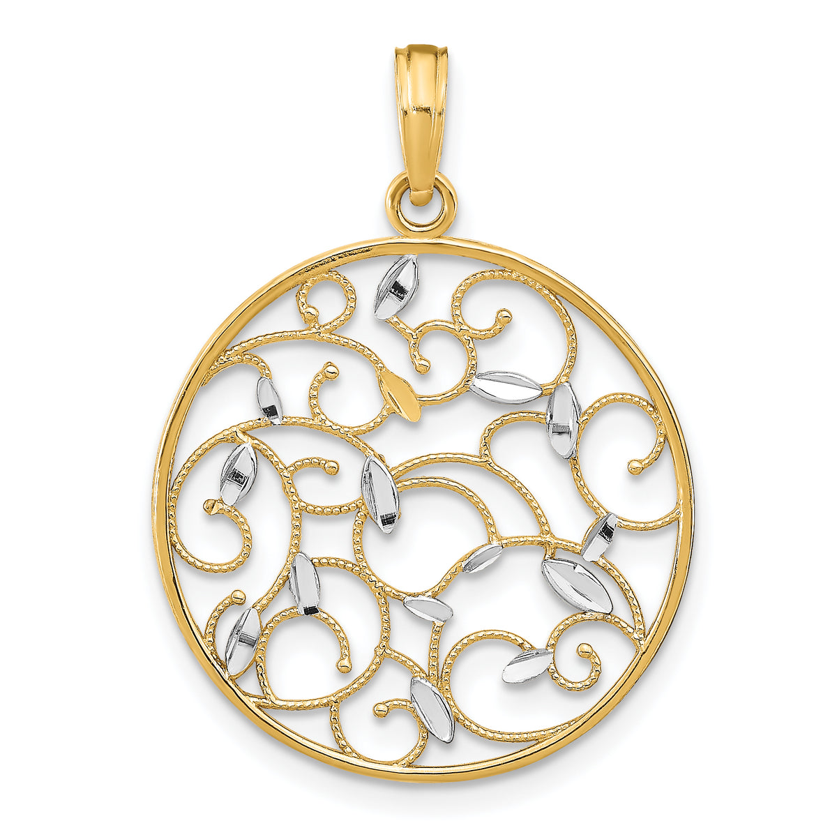 14K w/Rhodium Floral Medallion Pendant Charm