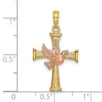 14k Two-tone Textured Finish Cross w/ Dove Charm