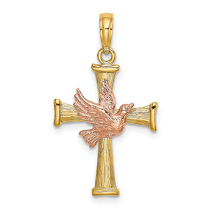 Cross with Dove Charm in 14K Two-Tone Gold, 28mm Textured - Sophia Jewelers