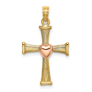Cross with Heart Charm in 14K Two-Tone Gold, 21mm Textured - Sophia Jewelers