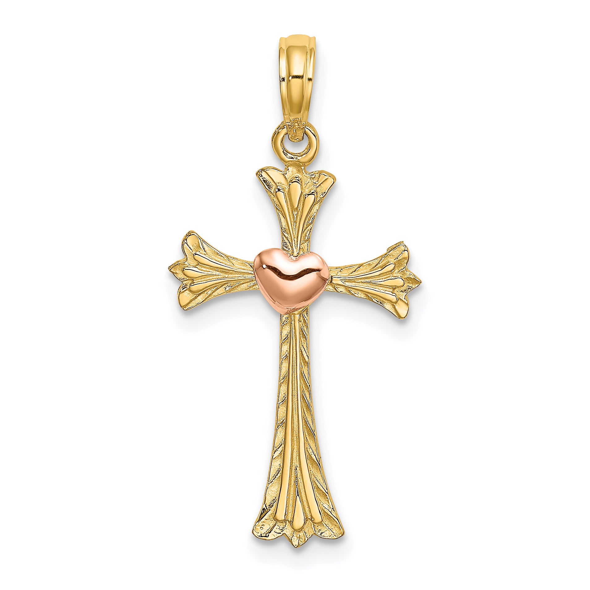 14k Two-Tone Textured Cross w/ Heart Charm Main image