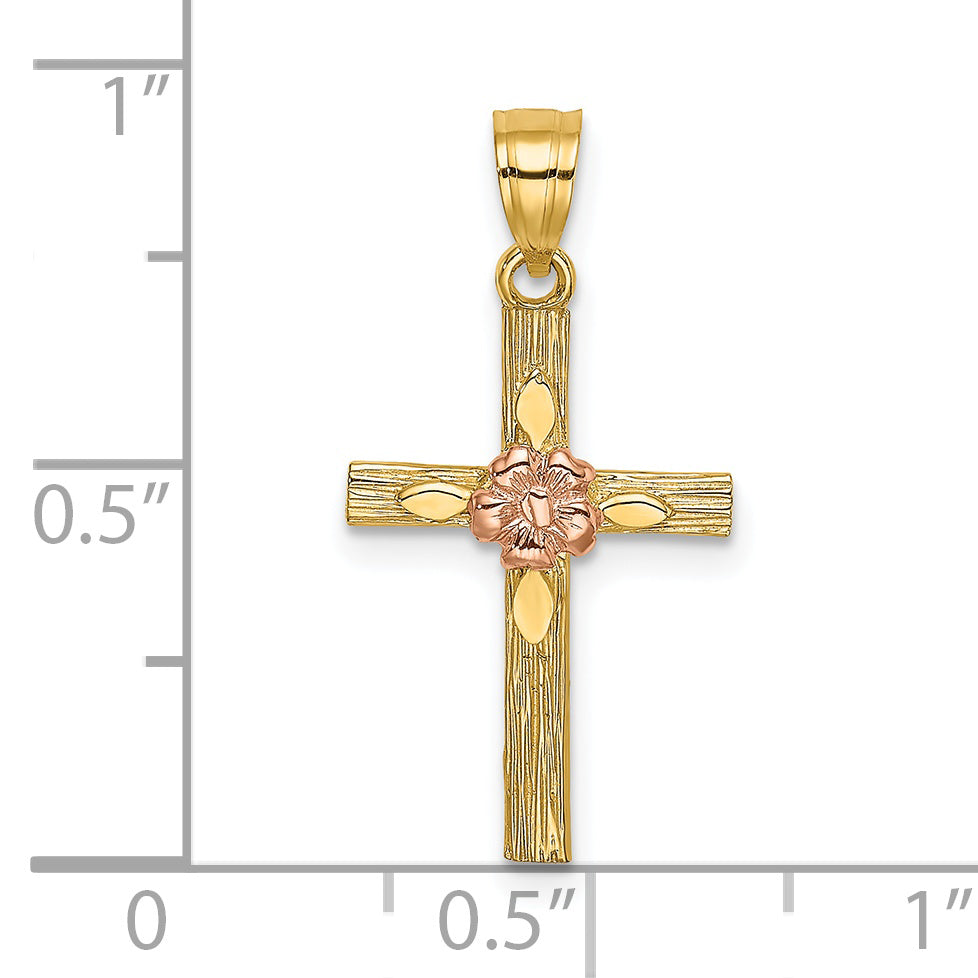 14k Two-Tone Textured Cross w/ Flower Charm