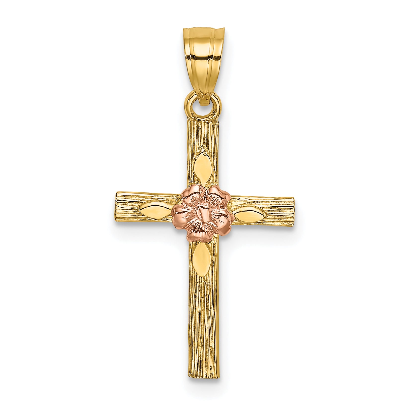 14k Two-Tone Textured Cross w/ Flower Charm Main image