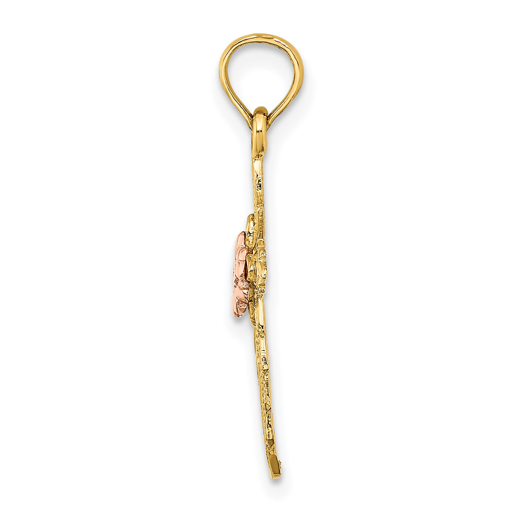 14k Two-tone Cut-Out Cross w/ Flower Charm