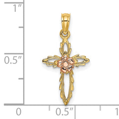 14k Two-tone Cut-Out Cross w/ Flower Charm