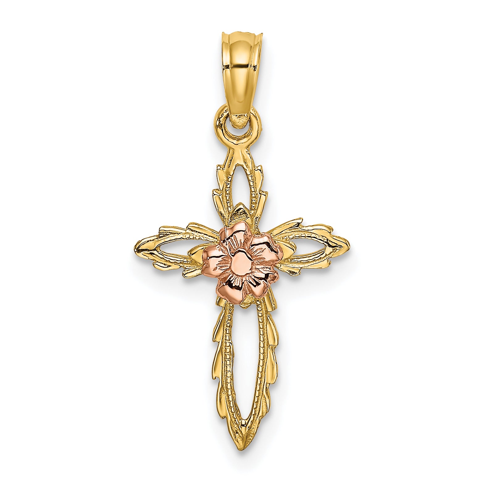 14k Two-tone Cut-Out Cross w/ Flower Charm Main image
