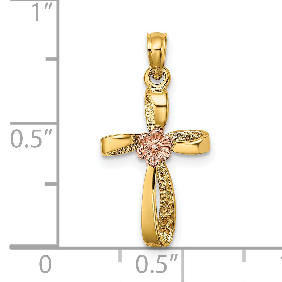 14k Two-Tone Twisted Cross w/ Heart Charm