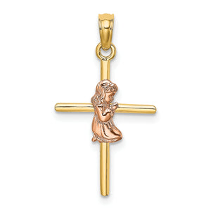 2-D Girl on Cross Charm in 14K Two-Tone Gold, 25mm Textured - Sophia Jewelers