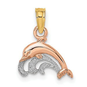 Dolphin & Wave Charm in 14K Two-Tone Gold, 7.5mm Textured - Sophia Jewelers