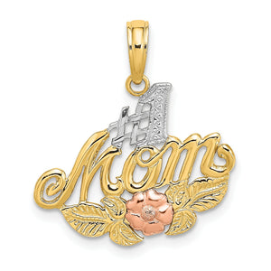 #1 Mom with Flower Charm in 14K Two-Tone Gold, 21mm Textured - Sophia Jewelers
