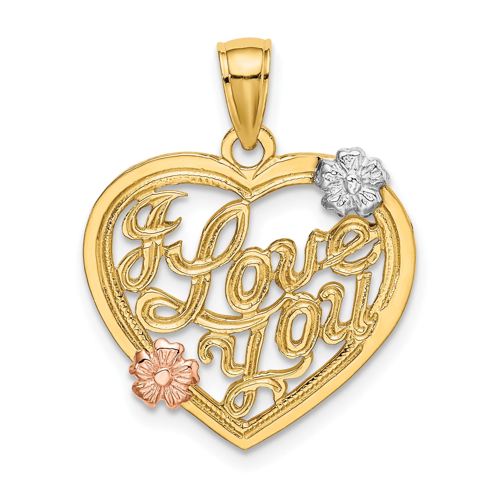 14k Two-tone w/White Rhodium I LOVE YOU Heart w/Flowers Charm Main image