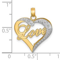 14k with White Rhodium Heart Diamond-cut LOVE Charm