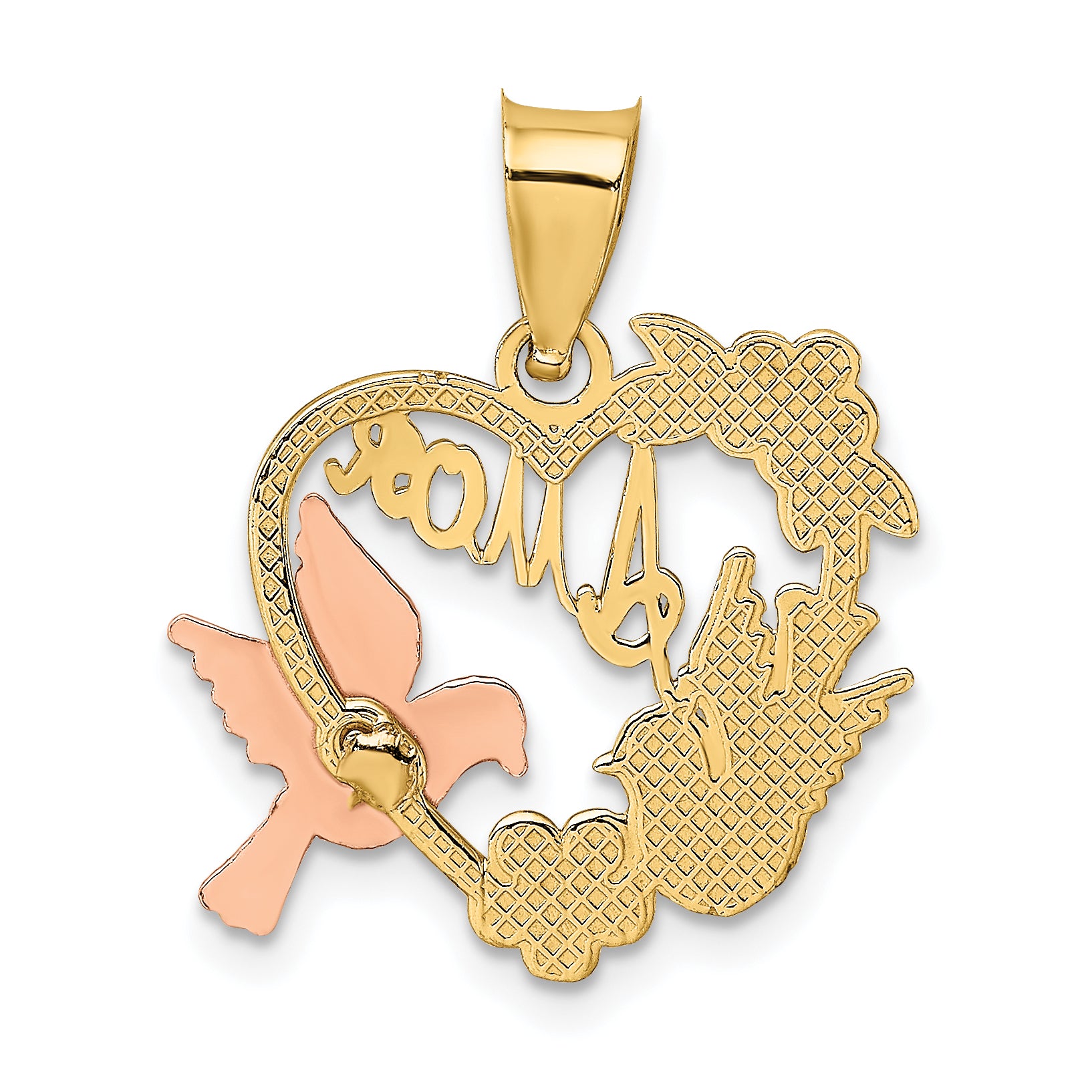 14k Two-tone w/White Rhodium AMOR Heart w/Doves Charm