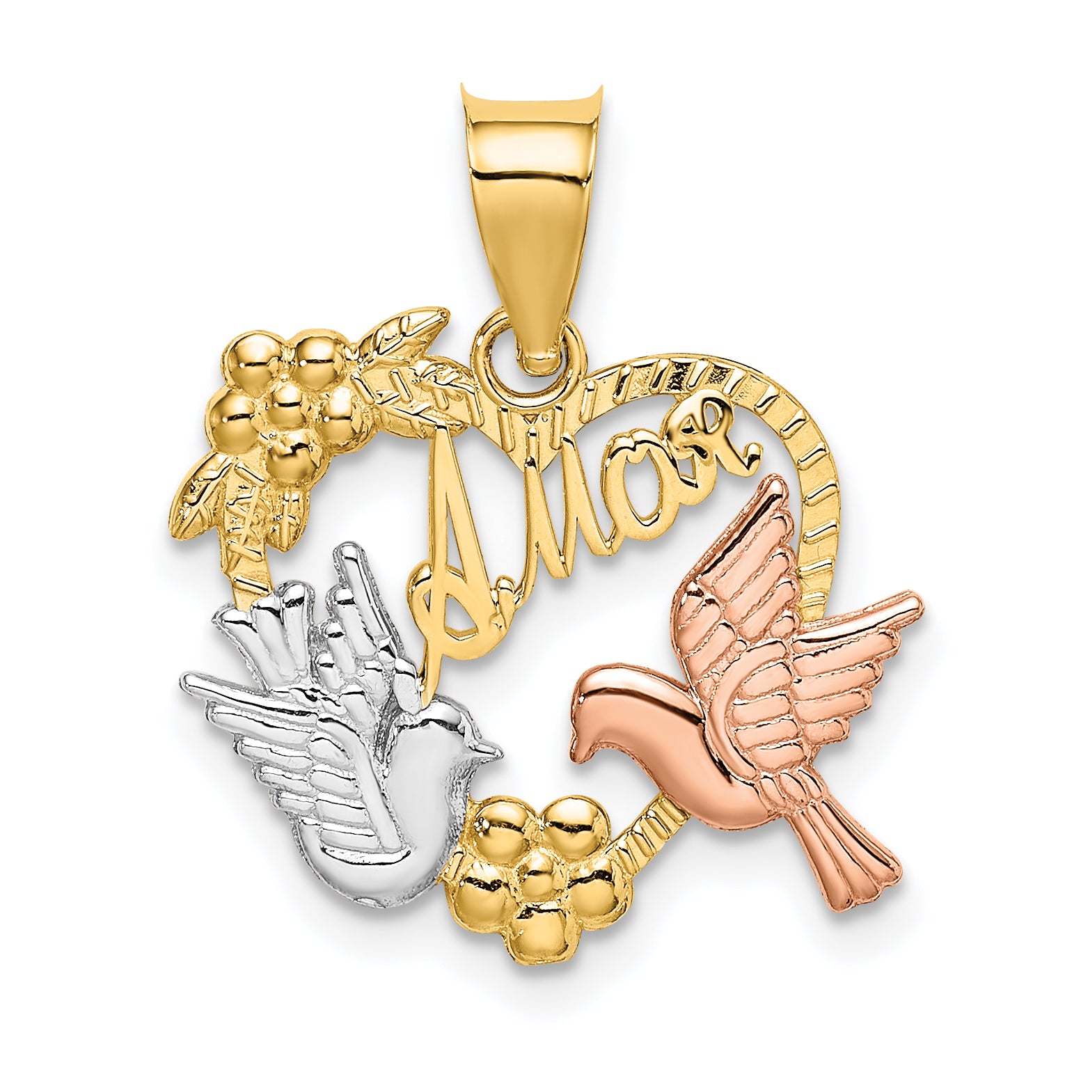 14k Two-tone w/White Rhodium AMOR Heart w/Doves Charm Main image