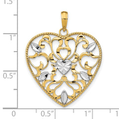 14k w/Rhodium Filigree Leaf Accent Heart Charm