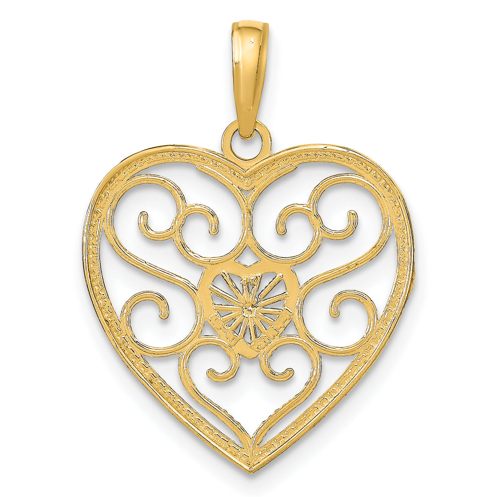 14k w/Rhodium Filigree Beaded Heart Charm