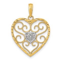 14k w/Rhodium Filigree Beaded Heart Charm