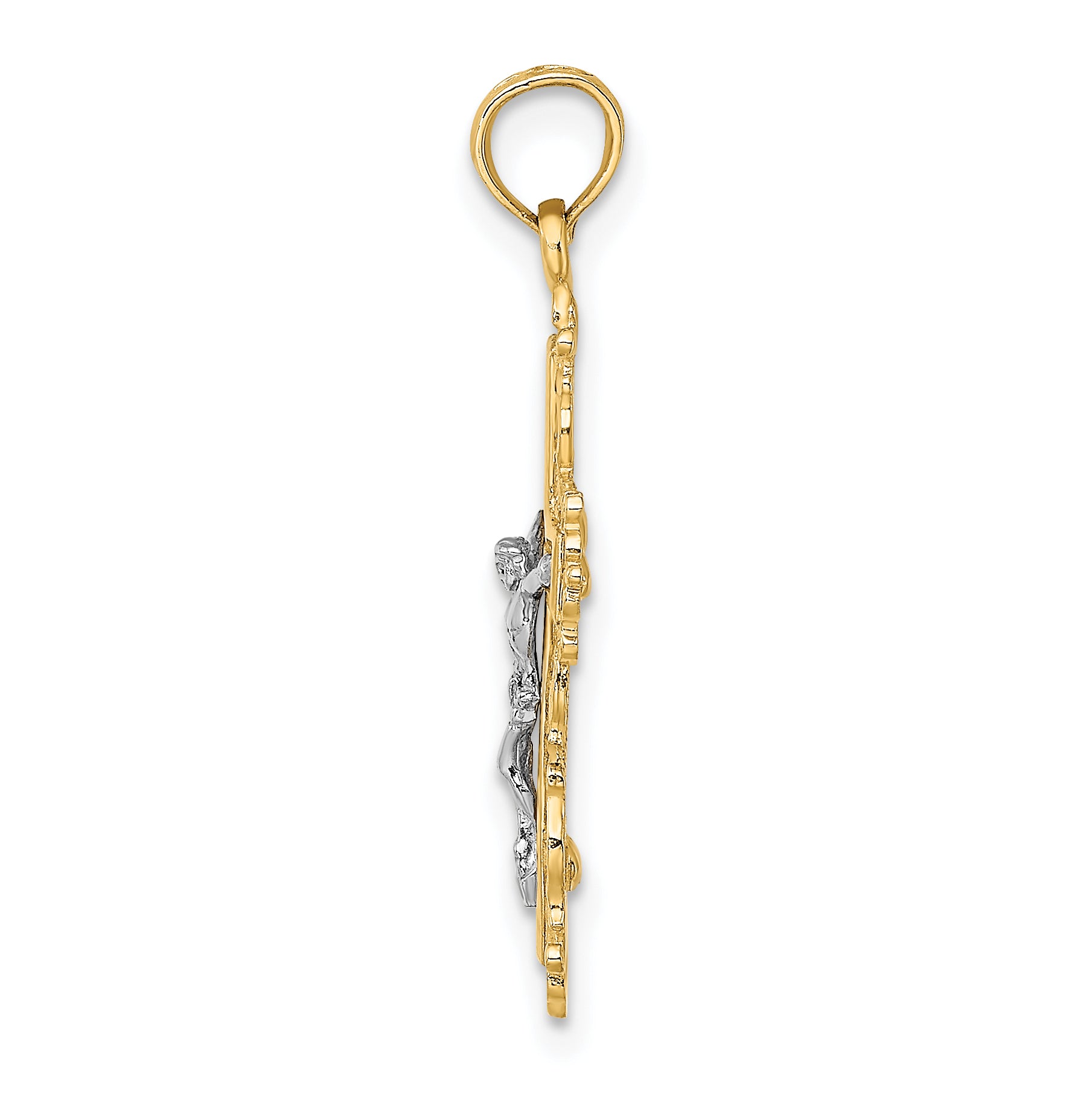 14K W/ Rhodium Textured Lace Trim Crucifix Charm