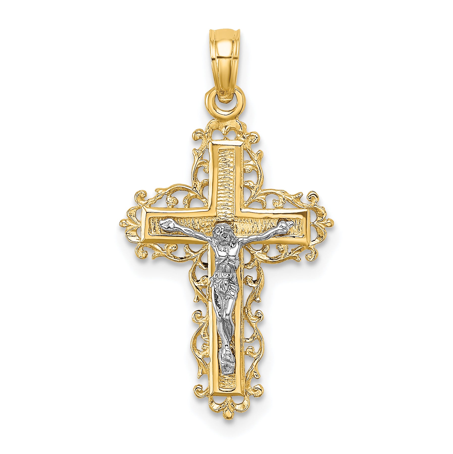 14K W/ Rhodium Textured Lace Trim Crucifix Charm Main image