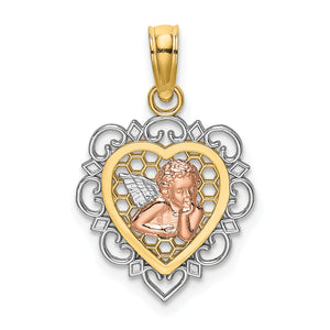 Angel Heart Charm in 14K Two-Tone Gold, 19mm Textured, Scalloped Edge - Sophia Jewelers