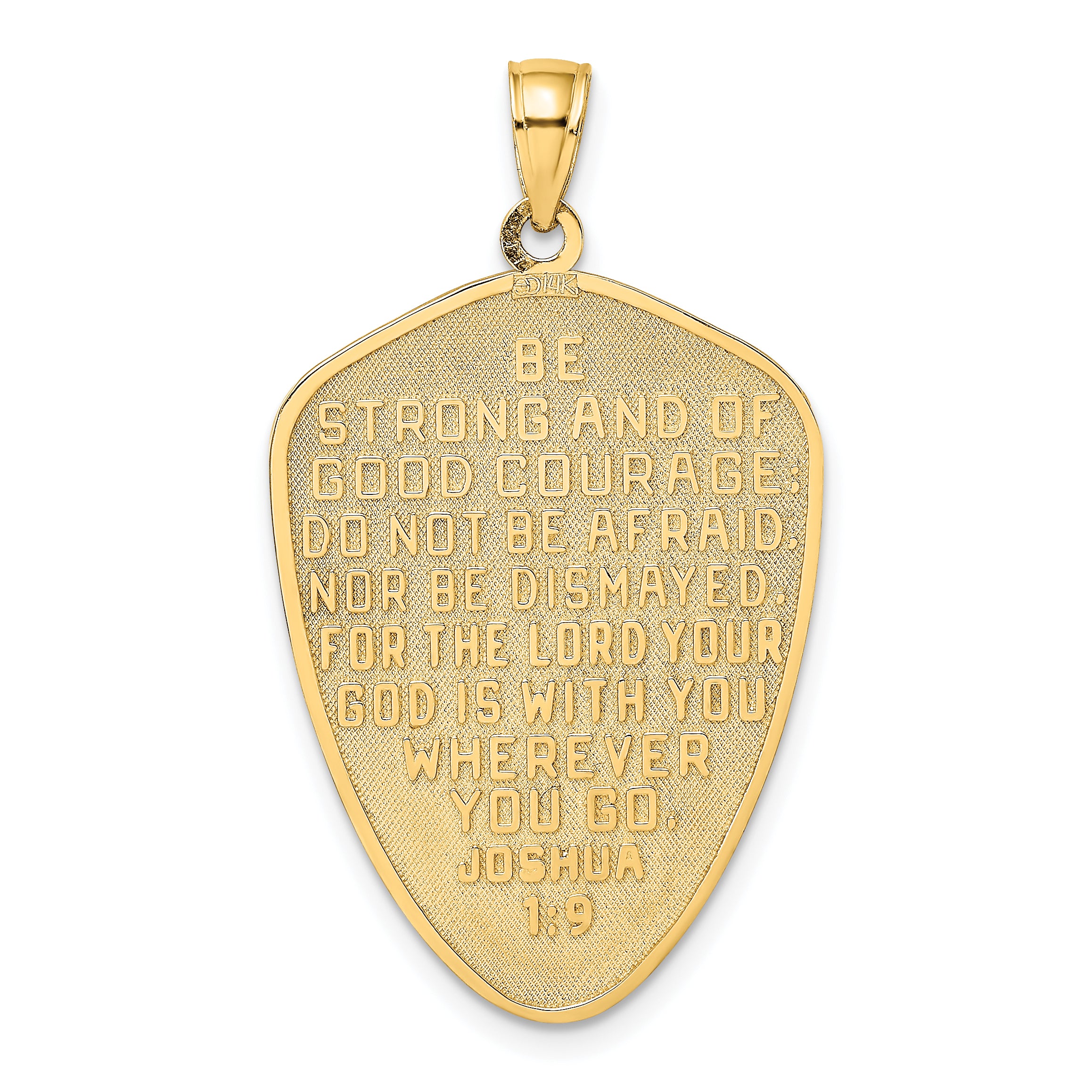 14K w/Rhodium Cross Shield W/ Joshua 1:9 On Reverse Charm