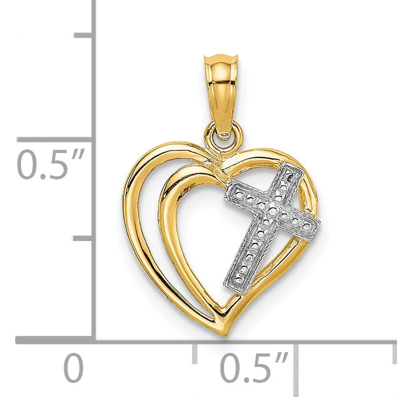 14K W/ Rhodium Cross In Heart Charm