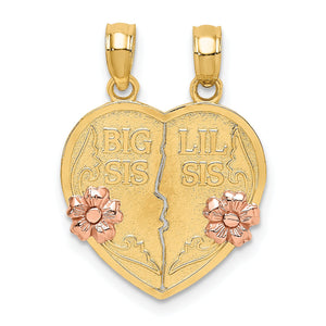 "Big Sis, Lil Sis" Break-Apart Heart Charm in 14K Two-Tone Gold, 22mm - Sophia Jewelers