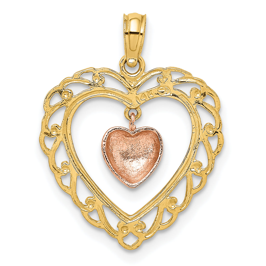 14k Yellow and Rose Gold Polished Dangling Heart In Heart Charm
