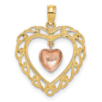 14k Yellow and Rose Gold Polished Dangling Heart In Heart Charm