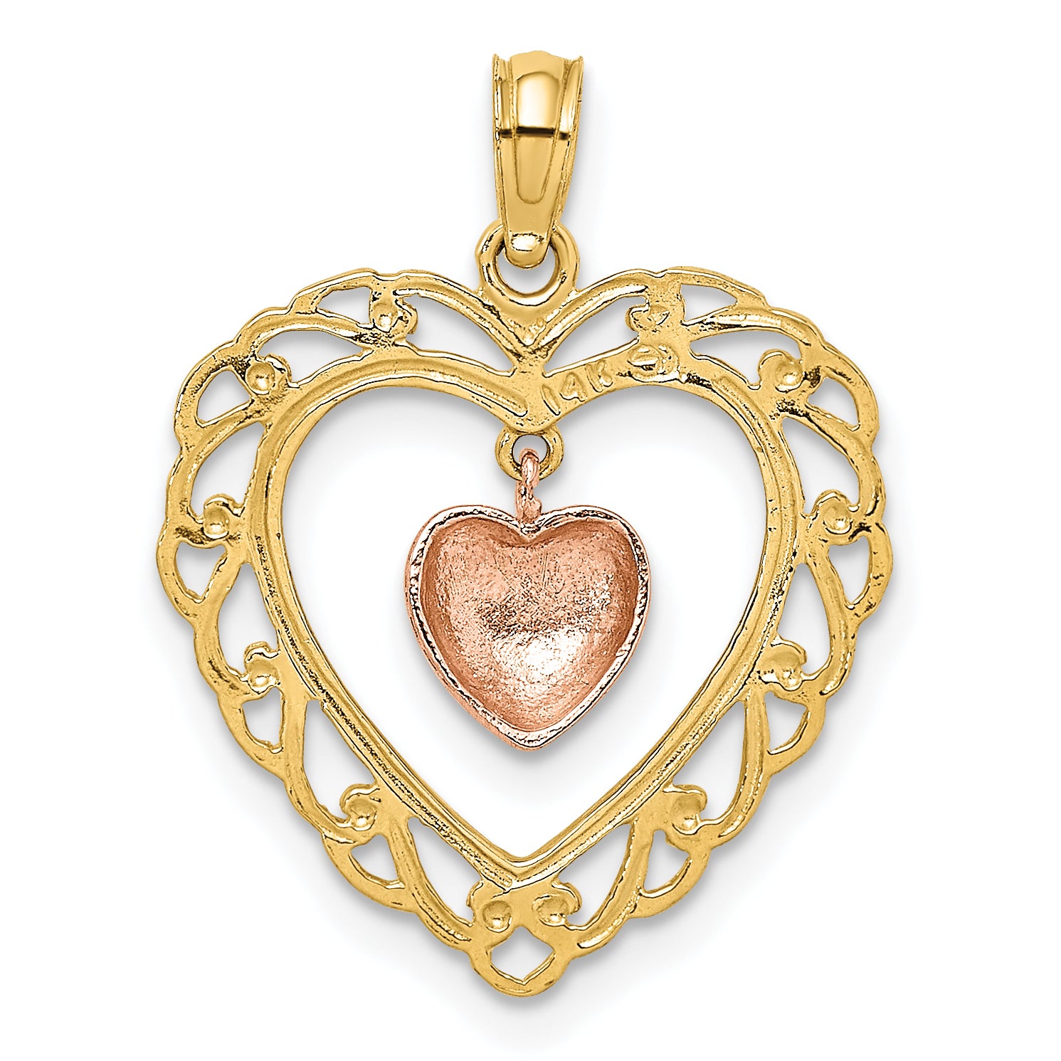 14k Yellow and Rose Gold Polished Dangling Heart In Heart Charm