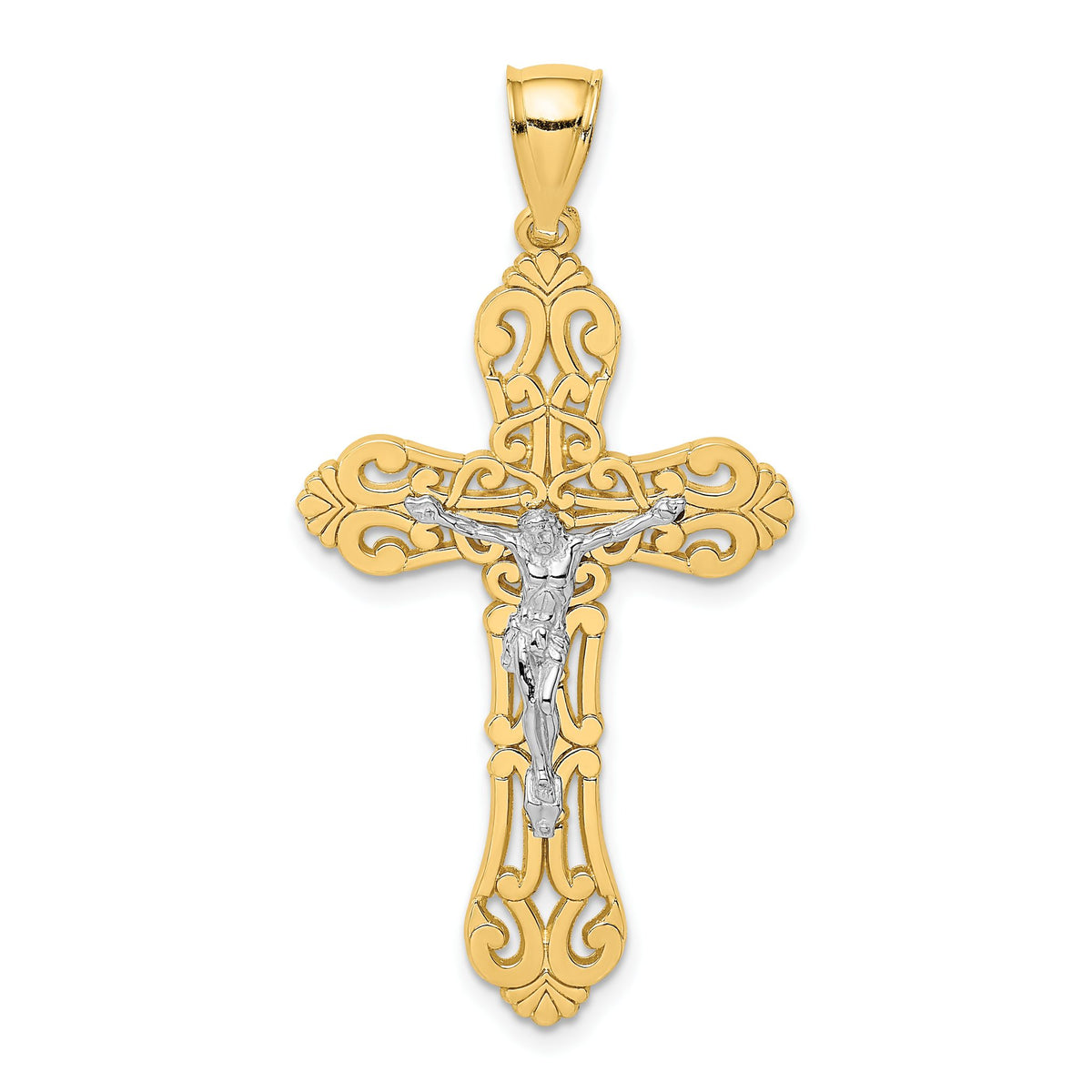 Crucifix Charm in 14K Two-Tone Gold with Scrolled Tips, 43mm - Sophia Jewelers Main image