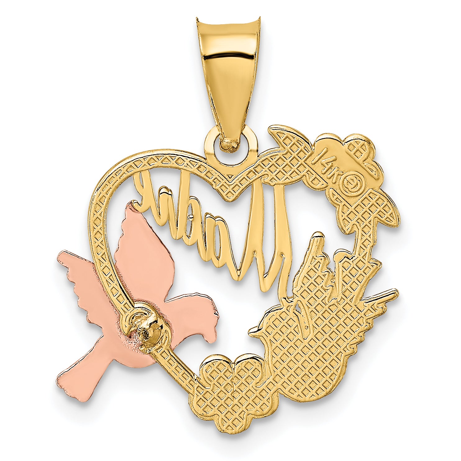 14k Two-tone w/White Rhodium MADRE Heart w/Doves Charm