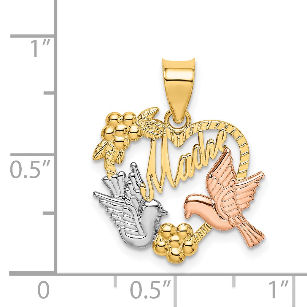 14k Two-tone w/White Rhodium MADRE Heart w/Doves Charm