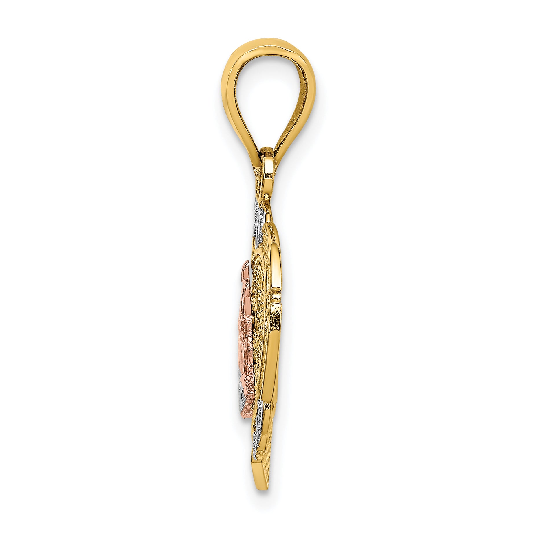 14K Two-tone w/White Rhod Praying Hands and Cross Heart Charm