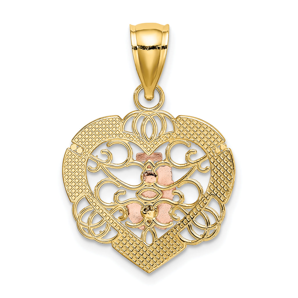 14K Two-tone w/White Rhod Praying Hands and Cross Heart Charm