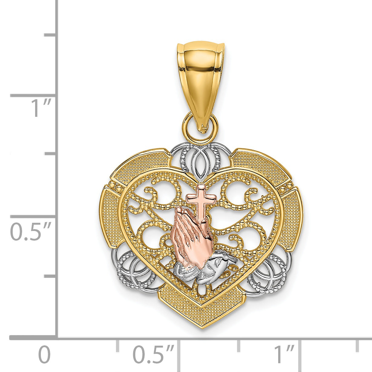 14K Two-tone w/White Rhod Praying Hands and Cross Heart Charm