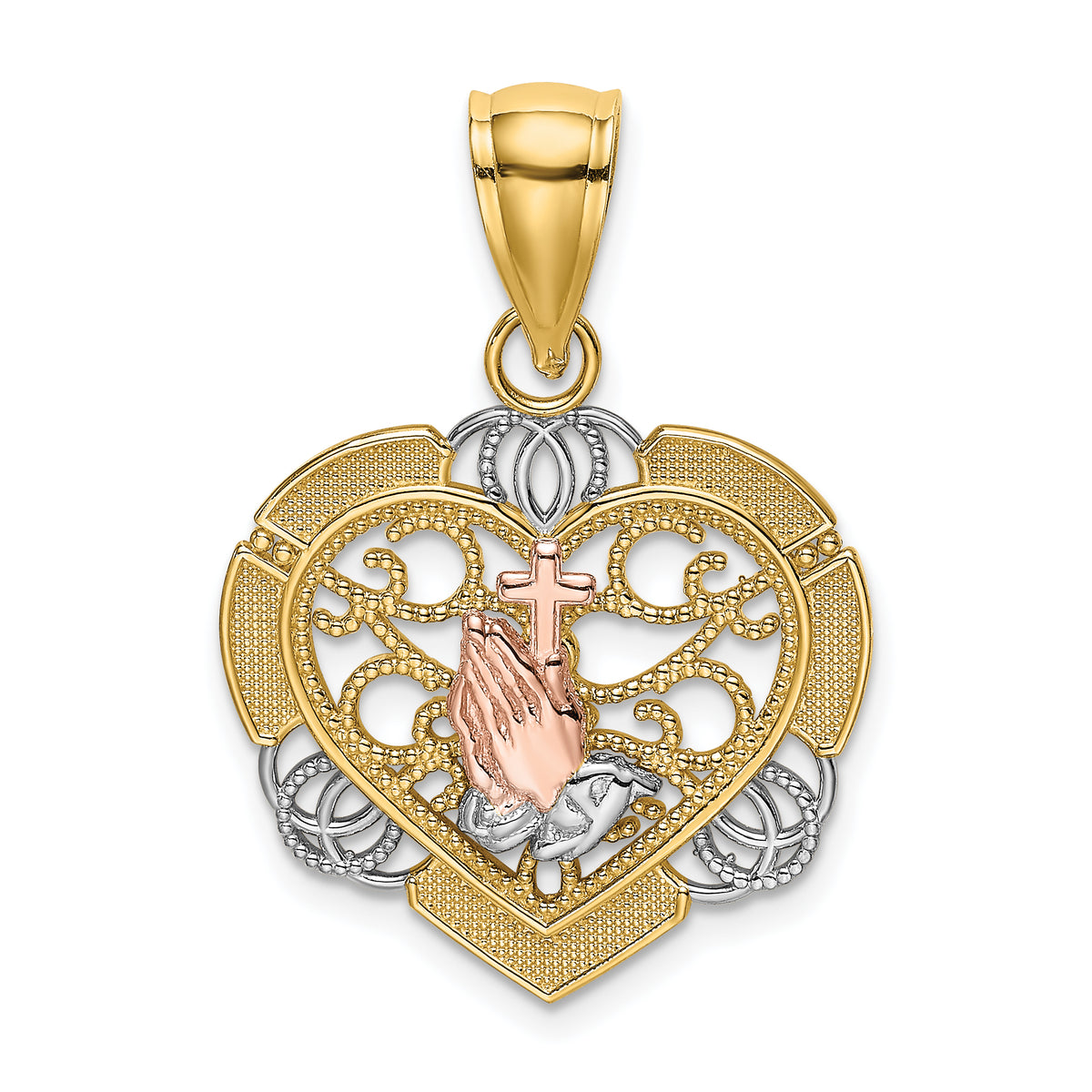 14K Two-tone w/White Rhod Praying Hands and Cross Heart Charm