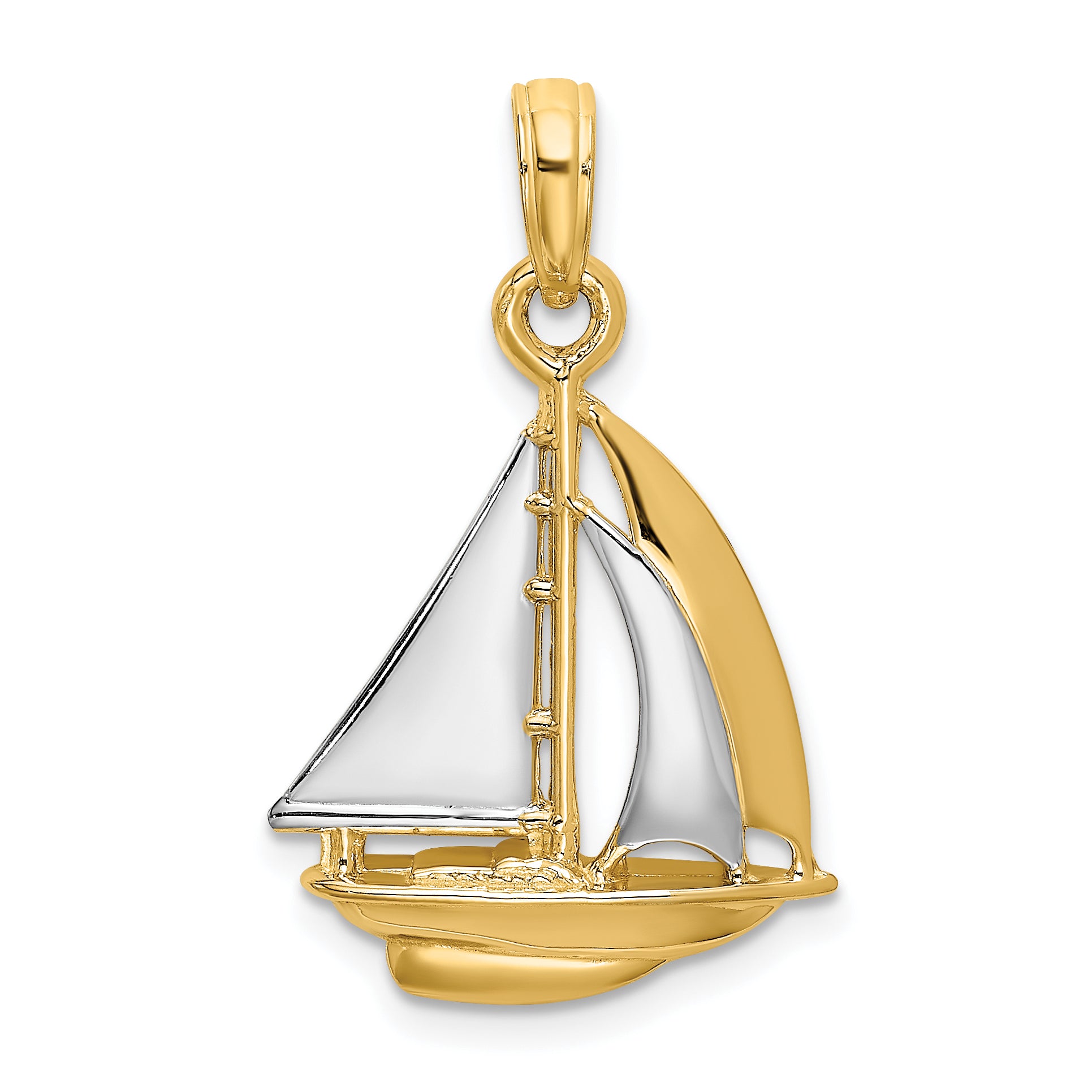 14K and White Rhodium 3-D Polished Sailboat Charm Main image