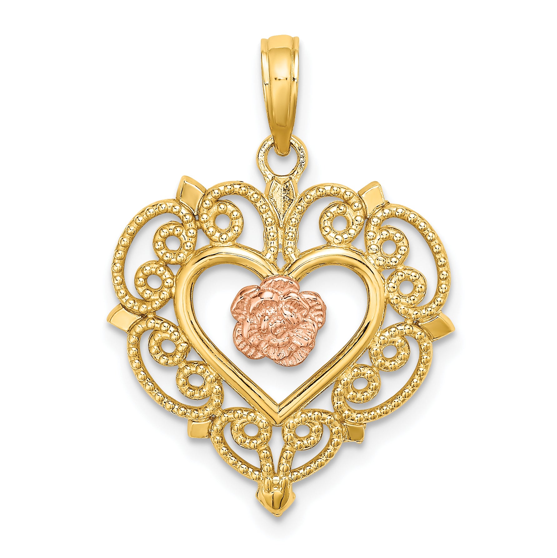 14k Rose and Yellow Gold Flower and Heart Charm Main image