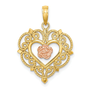 Flower in Heart Charm in 14K Two-Tone Gold, 23mm Textured - Sophia Jewelers