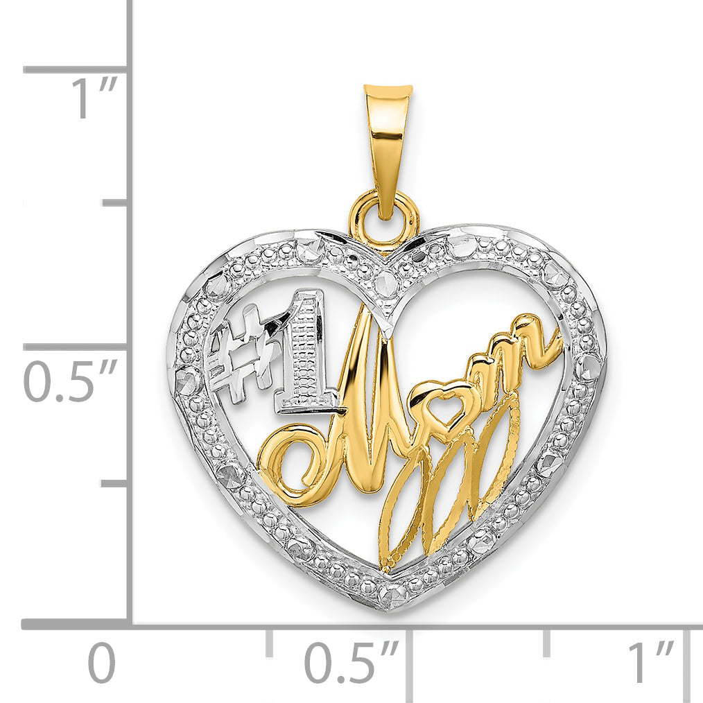 14k w/ Rhodium Textured #1 MOM In Heart Charm